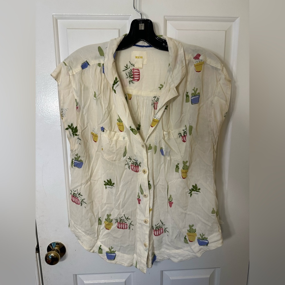 Maeve Cream Button-Front Plant Print Blouse